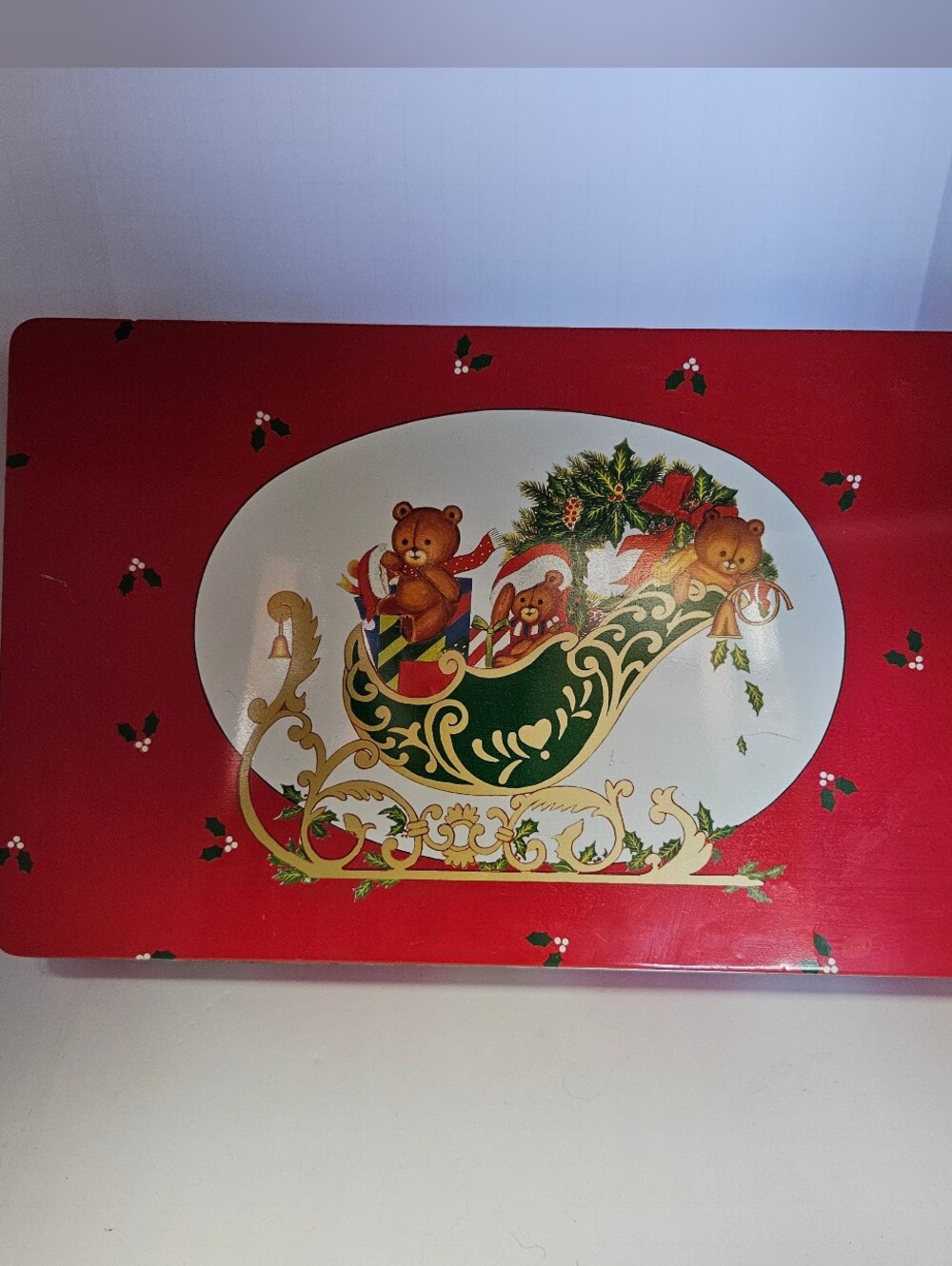 Tin Woolworth Christmas bears sleigh holiday red  vintage